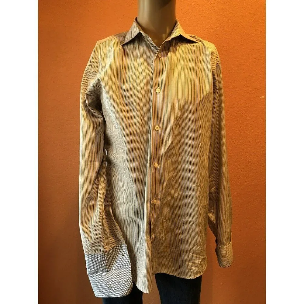 Banana Republic Mens Large Brown Striped Button Front 16 16.5 Slim Fit Italy